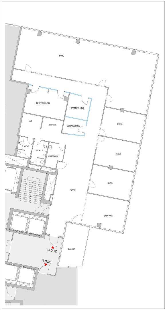 Grundriss eines Bürogebäudes mit verschiedenen Büros, Besprechungsräumen und einem Balkon.