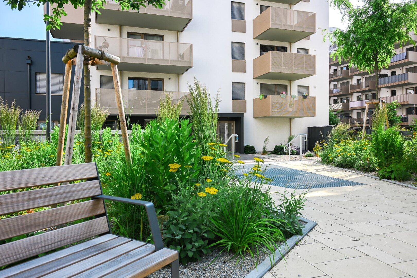 Attraktiver Gemeinschaftsgarten mit Sitzbank und vielfältiger Bepflanzung vor der Wohnanlage.