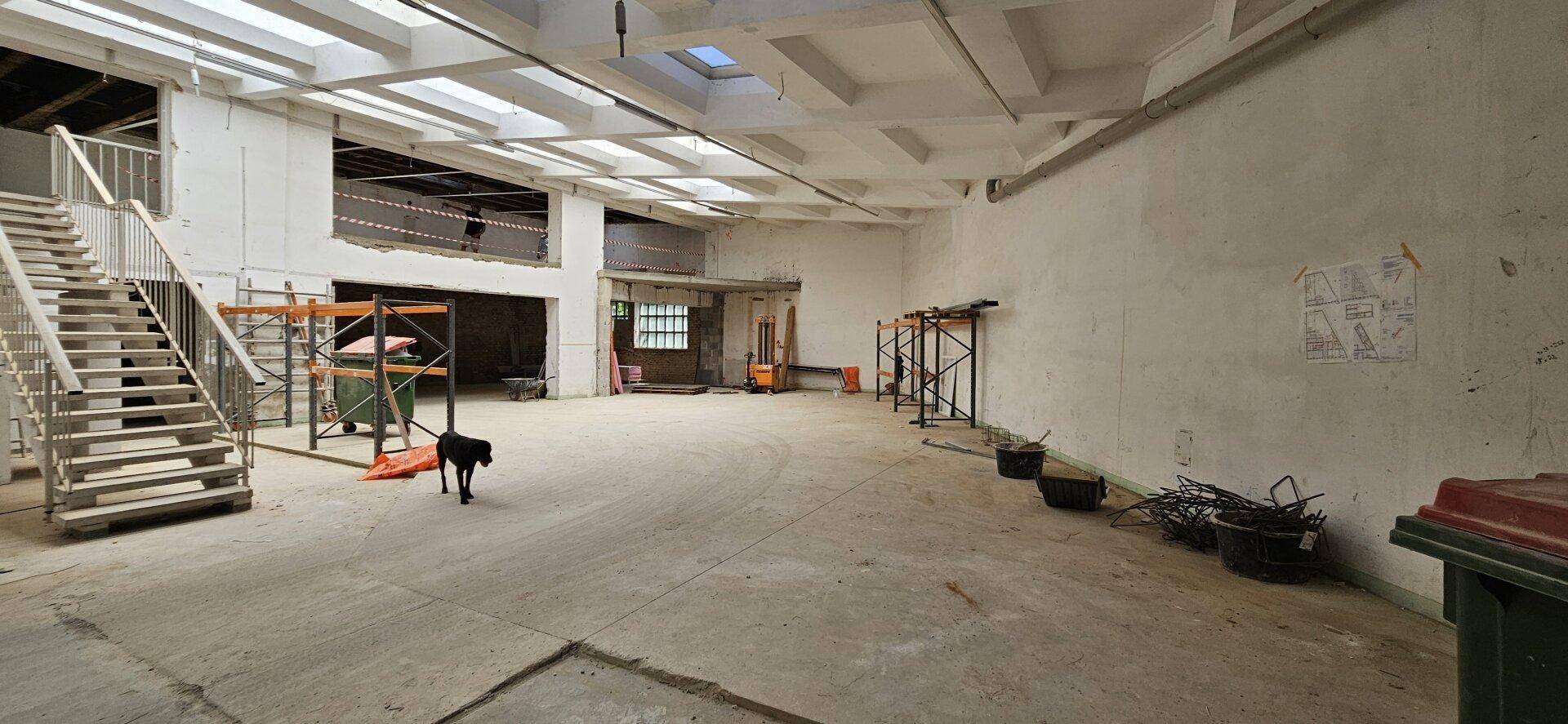 Weitläufiger Industrieraum mit Betonboden, hohen Decken, einer Treppe und viel Tageslicht durch Oberlichter.
