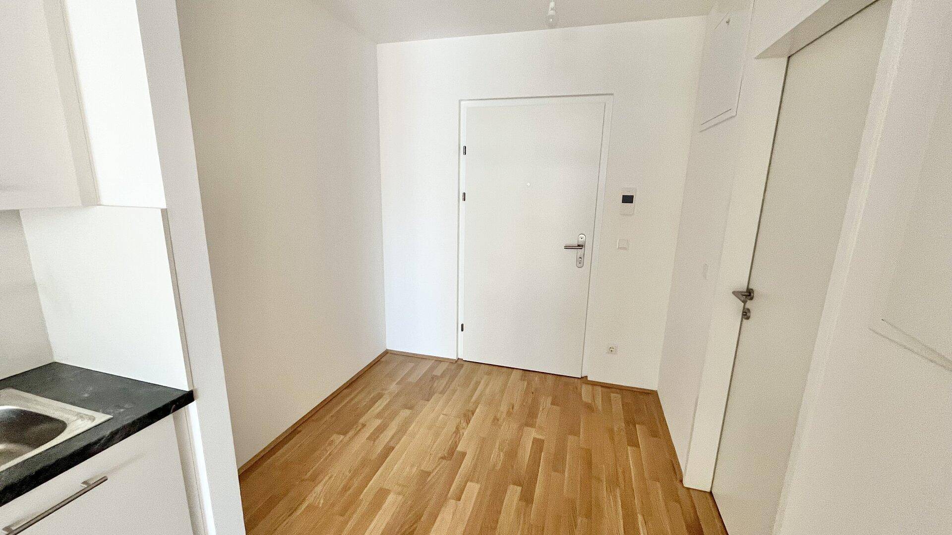 Eingangsbereich mit Holzboden und weiß gestrichenen Wänden, bietet Zugang zu weiteren Räumen.