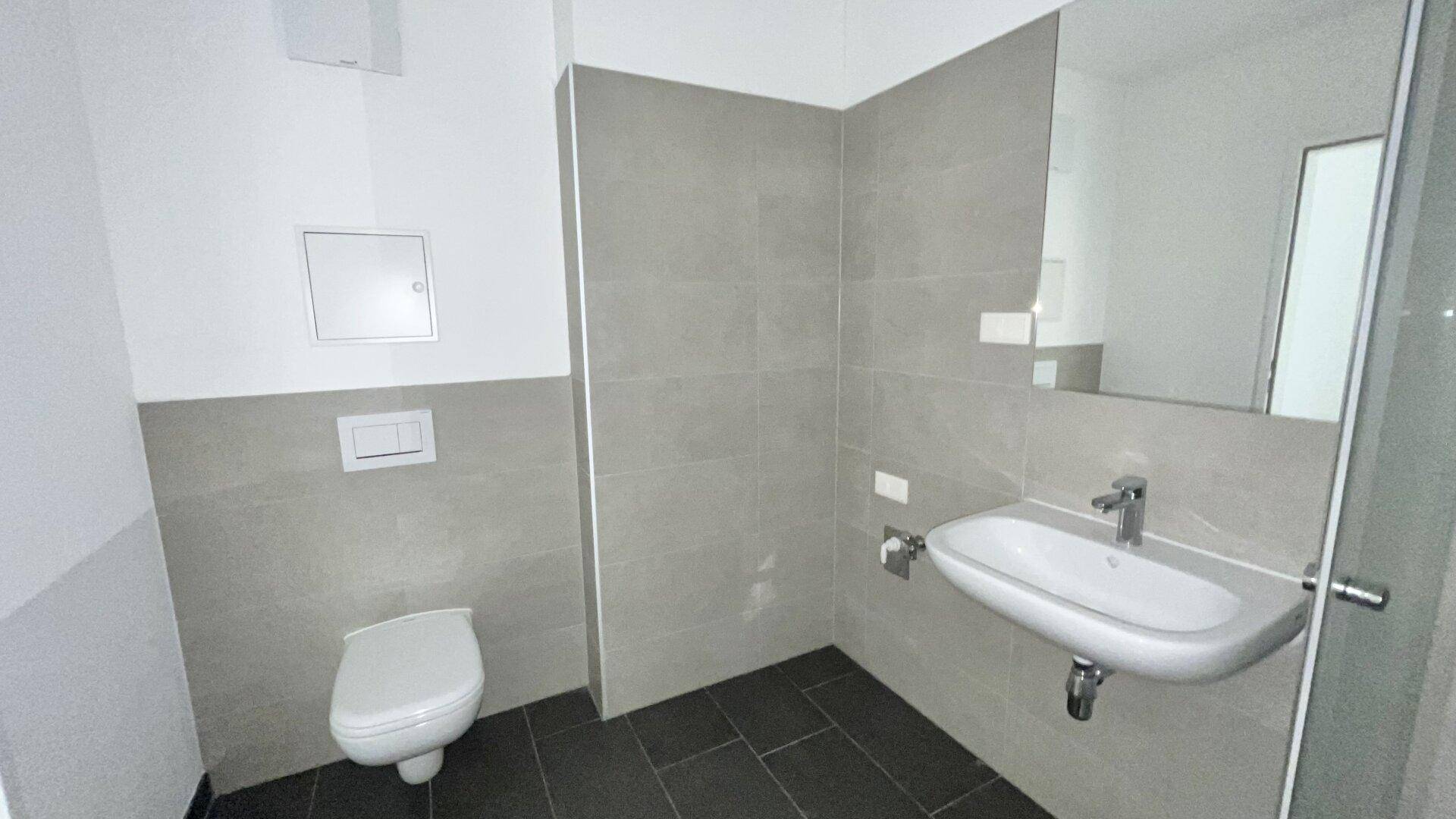 Modernes Badezimmer mit Wand-WC, Einzelwaschbecken und großem Spiegel, in Grautönen gehalten.