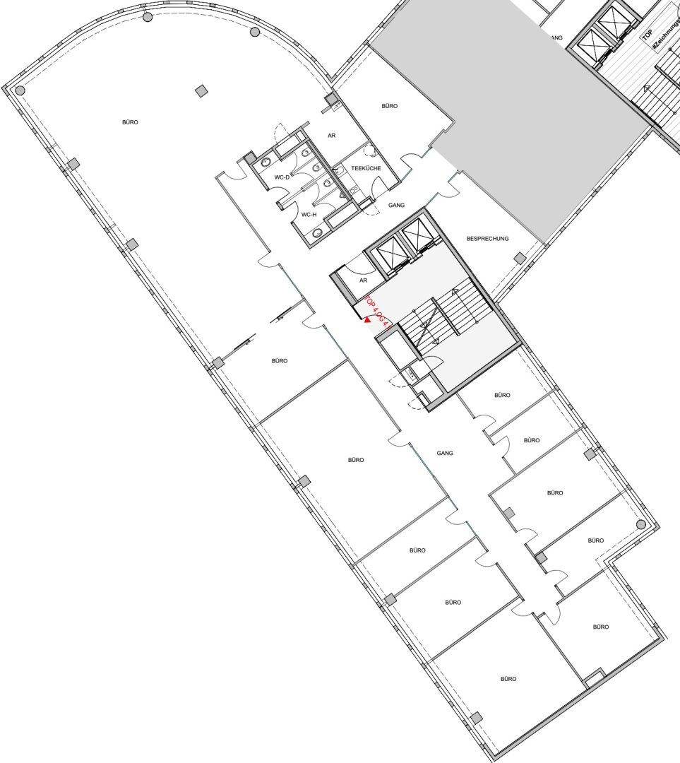 Grundrissplan einer Büroetage mit mehreren Büros, Teeküche und Sanitäranlagen.