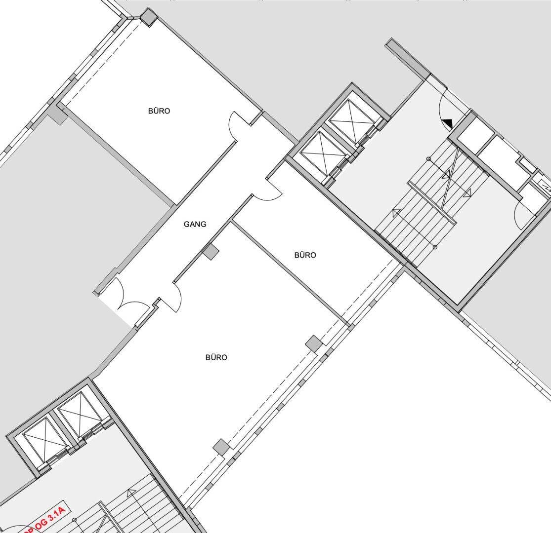 Ausschnitt eines Grundrisses mit mehreren Büroräumen und Zugang zu Treppenhaus und Aufzügen.