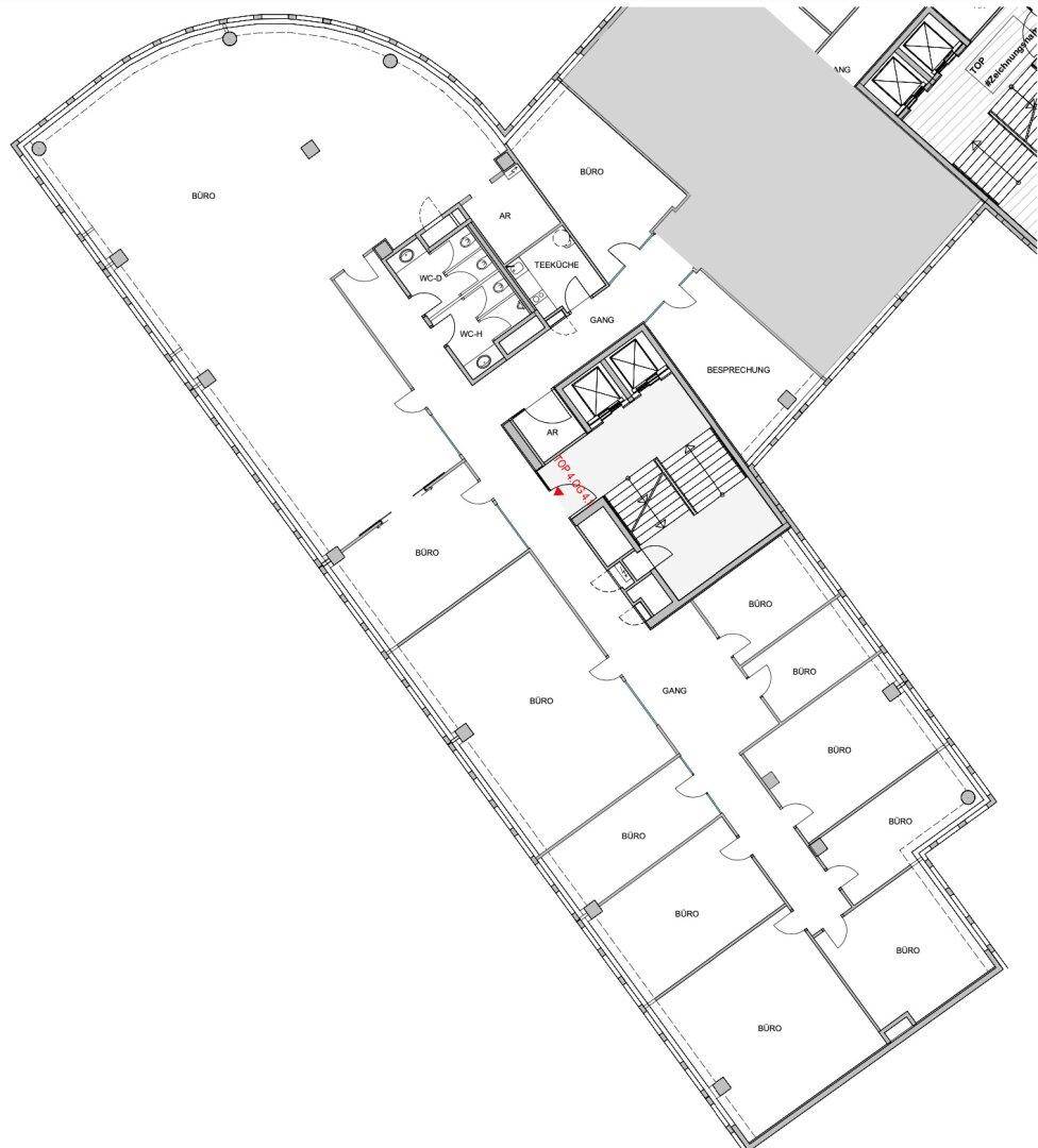 Detaillierter Grundriss einer Büroetage mit mehreren Büroräumen, Teeküche und Sanitäranlagen.