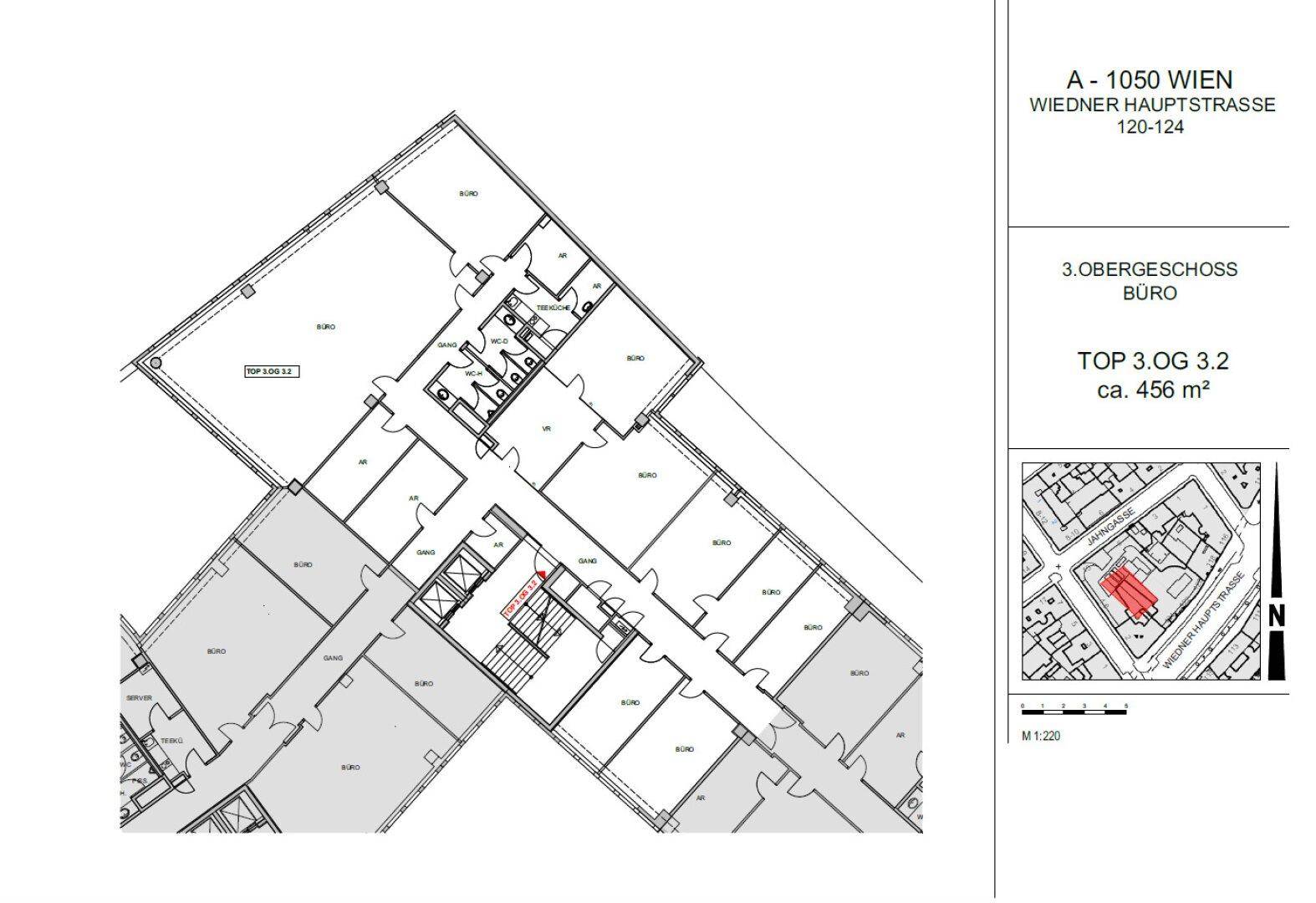 Grundriss des 3. Obergeschosses mit mehreren Büroeinheiten und einer Gesamtfläche von 456 m².