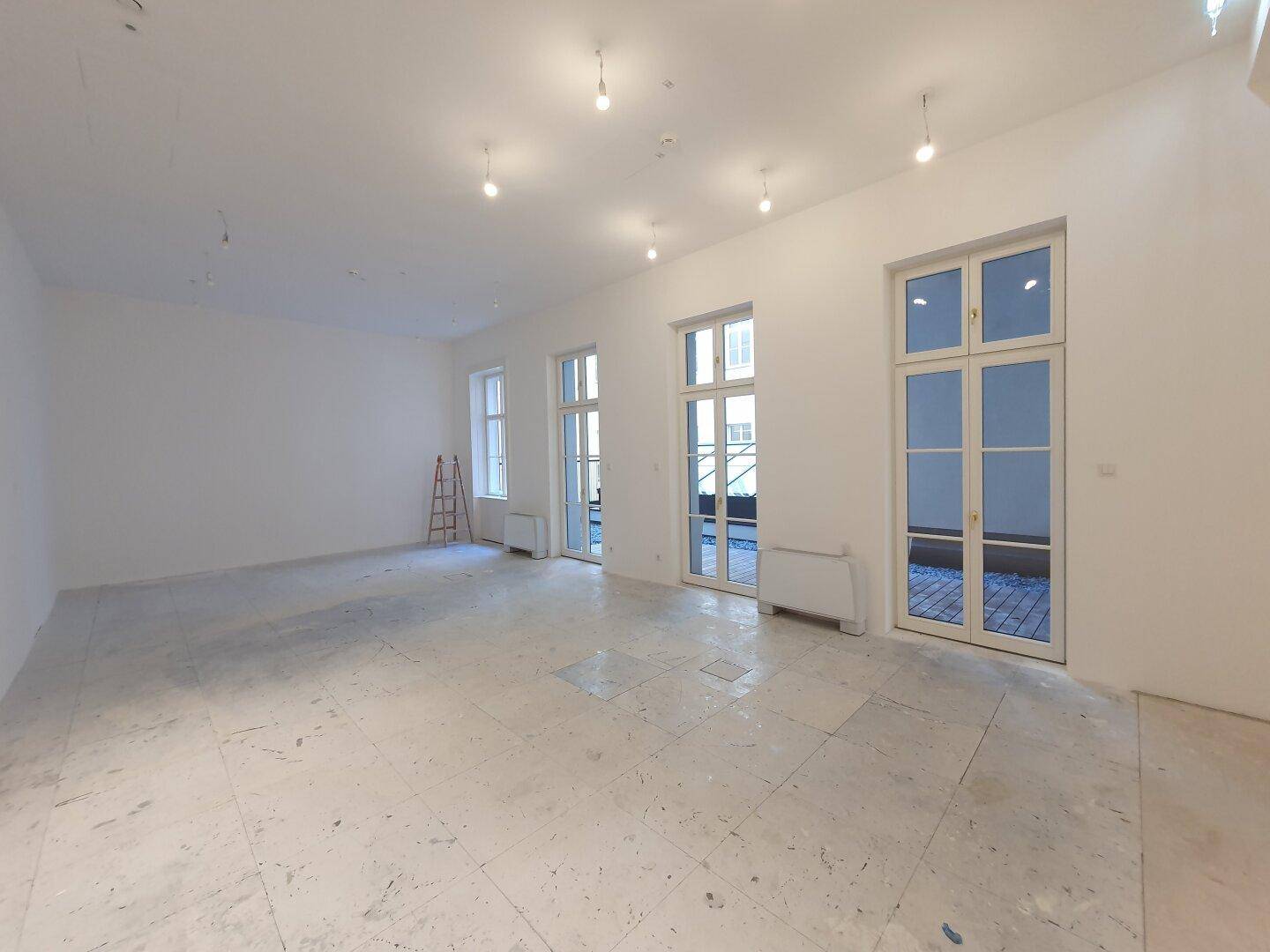 Heller, leerer Raum mit großen Fenstertüren und Betonboden, bereit für den Ausbau.