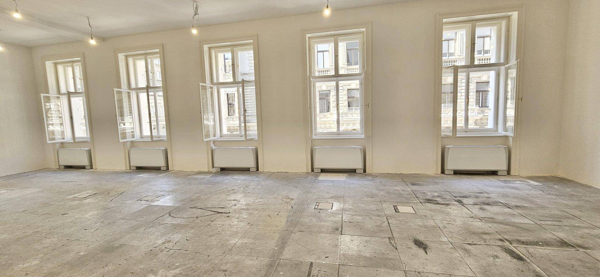 Langer Büroraum mit mehreren hohen Fenstern, die viel Tageslicht hereinlassen und den Raum erhellen.