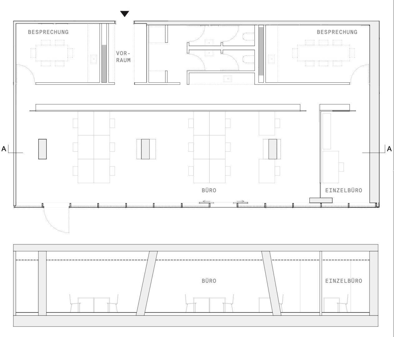Grundriss und Schnittansicht eines modernen Bürokomplexes mit Besprechungsräumen und Einzelbüros.