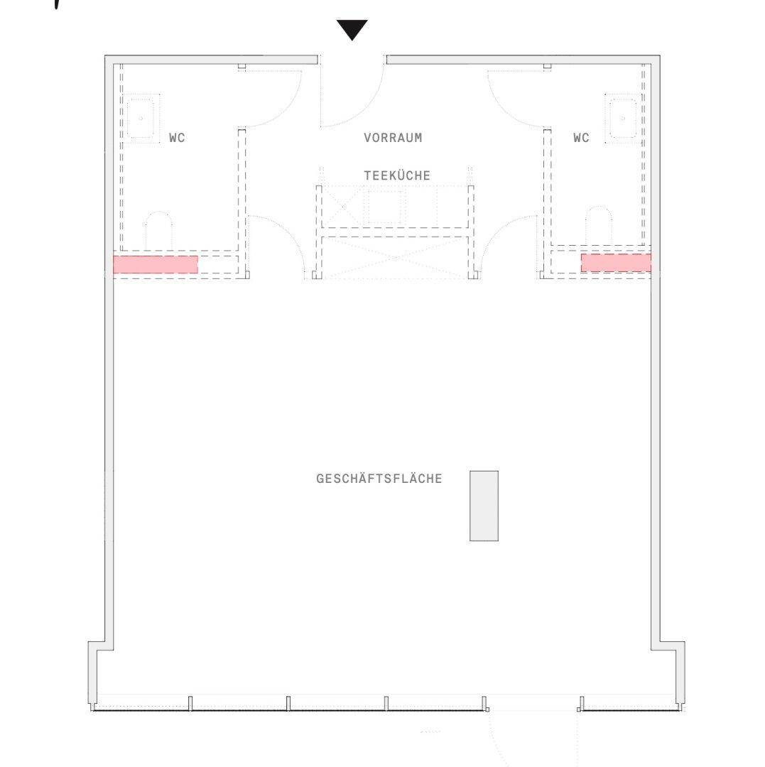 Grundriss einer Geschäftsfläche mit Teeküche, Vorraum und zwei separaten Toiletten.