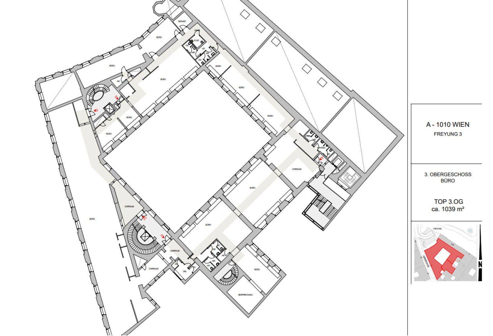 Detaillierter Grundriss des dritten Obergeschosses mit einer Gesamtfläche von 1039 m² in Wien.