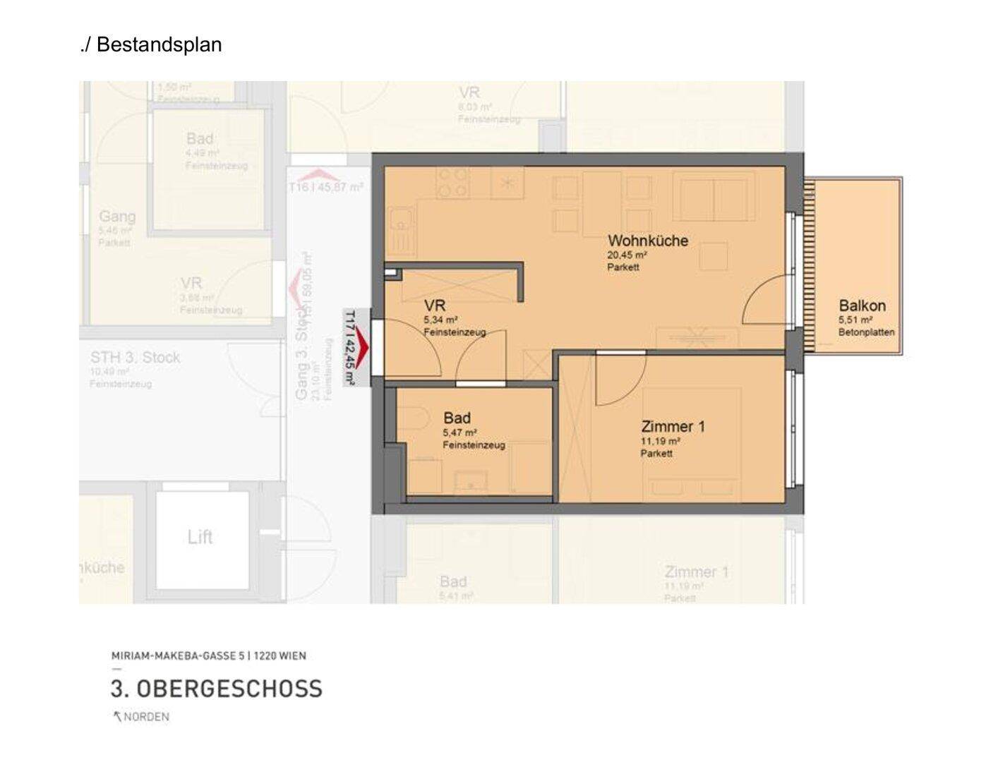 Grundriss einer Wohnung im 3. Obergeschoss mit Wohnküche, Zimmer, Bad und Balkon.