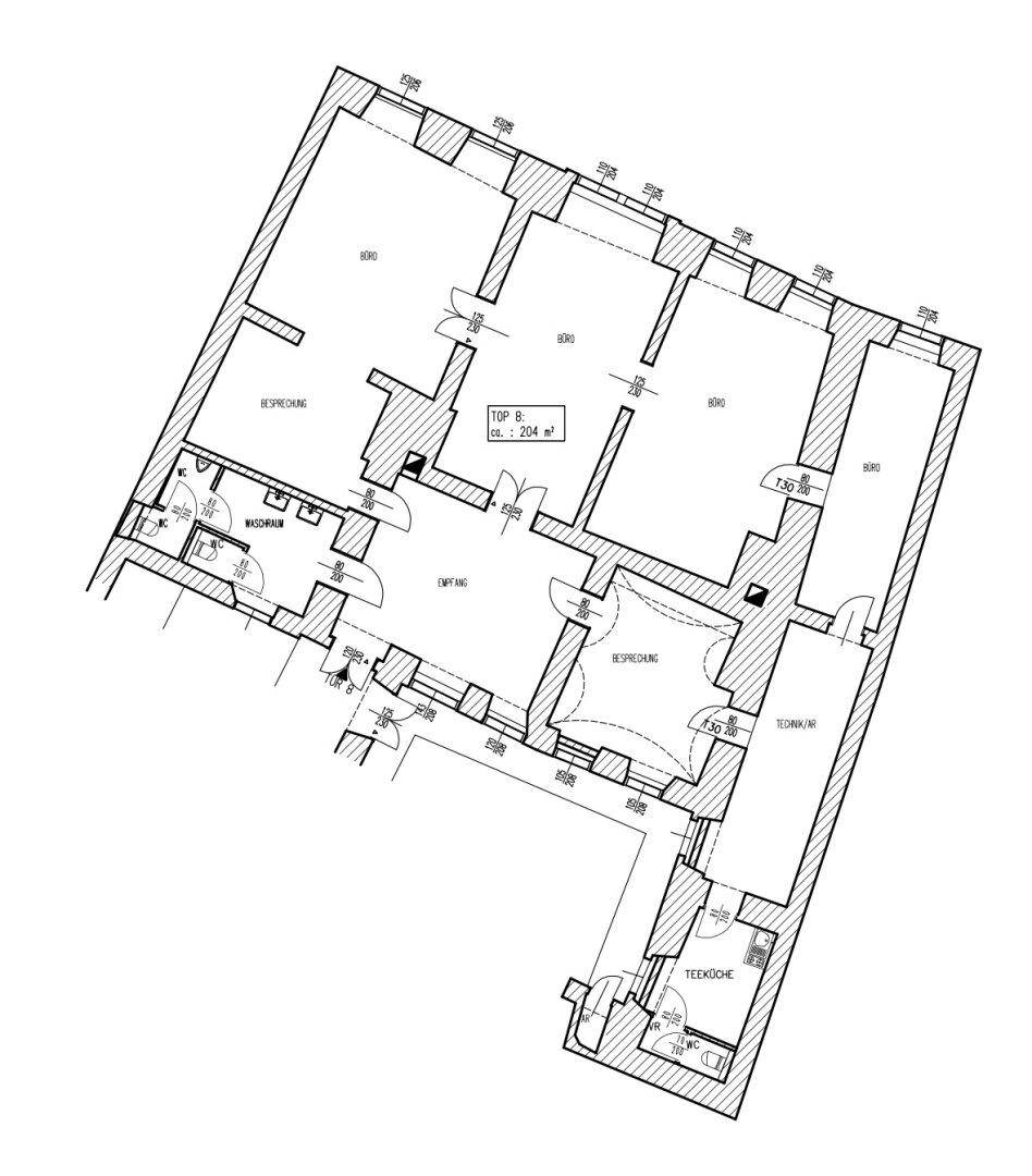 Grundrissplan einer Einheit von ca. 204 m² mit mehreren Räumen, Teeküche und Sanitärbereichen.