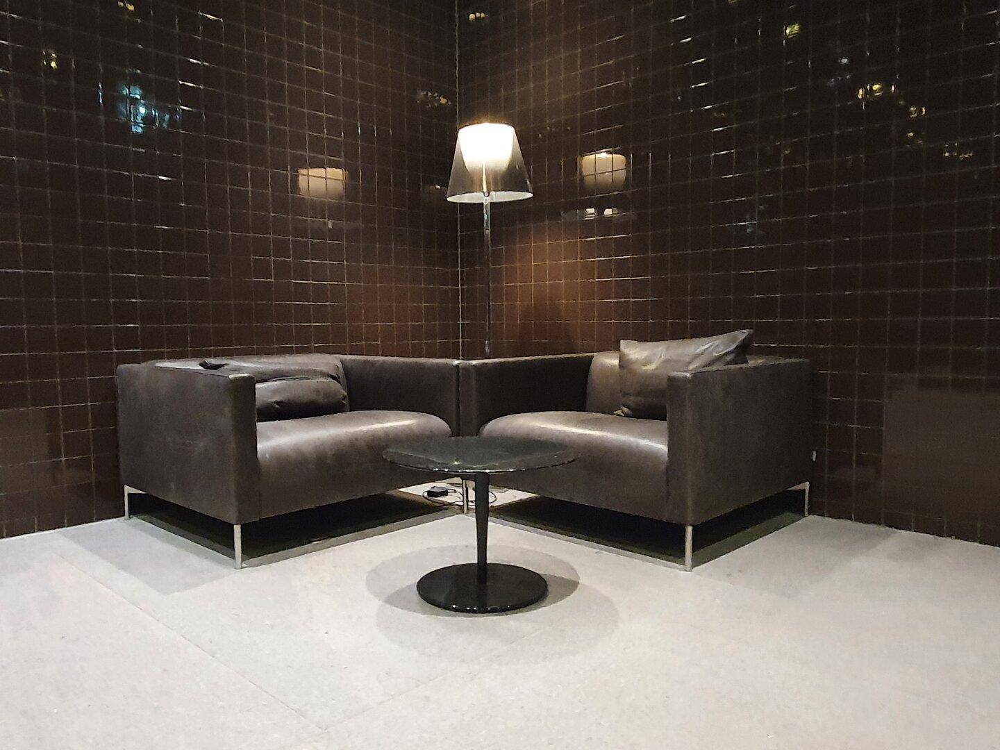 Gemütliche Sitzecke mit zwei Ledersesseln, Beistelltisch und Stehlampe.