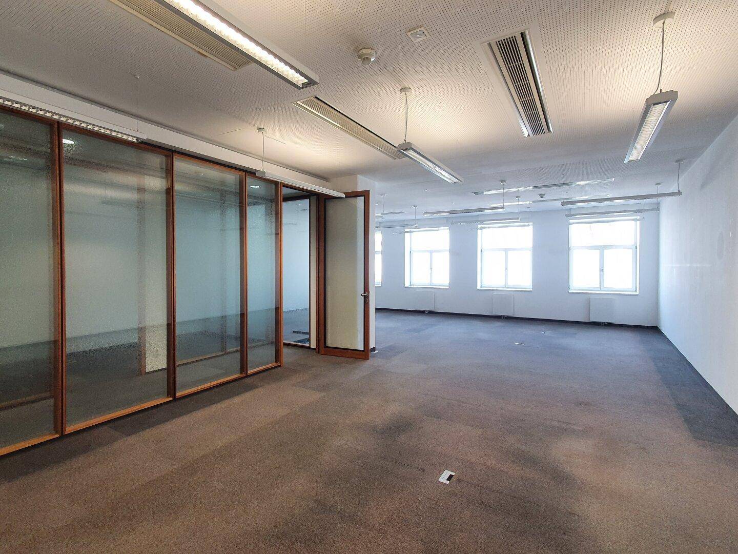 Großes Büro mit Teppichboden, Glaswänden und Blick auf den Flur.