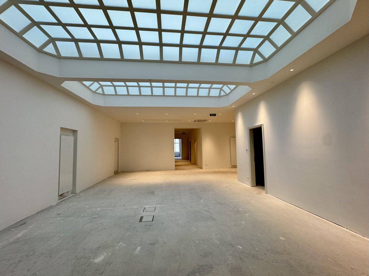 Weitläufiger Raum mit großem Oberlicht und Einbaustrahlern, bietet viel Tageslicht.