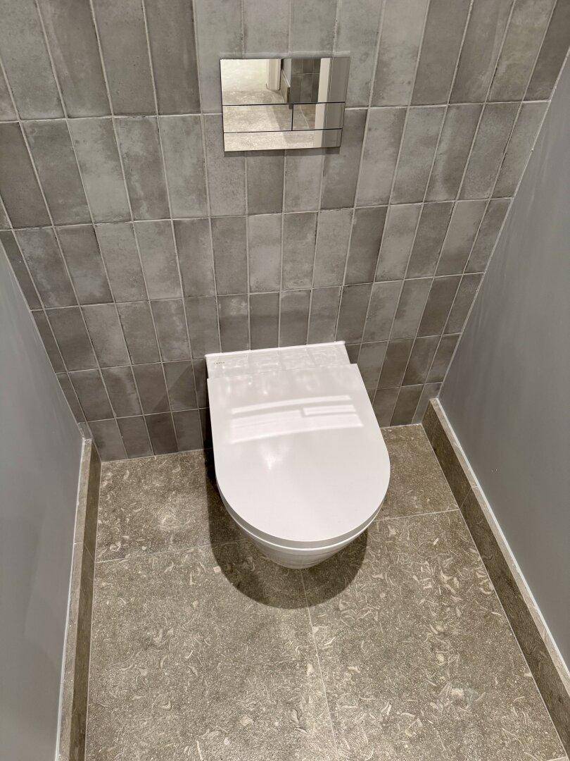 Modernes WC mit Wand-WC und grauen Fliesen an Wänden und Boden.