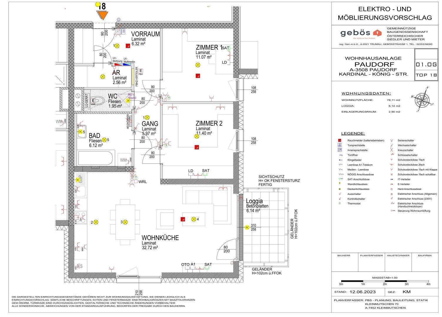 Detaillierter Grundriss einer Wohnung mit mehreren Zimmern, Wohnküche und Loggia.
