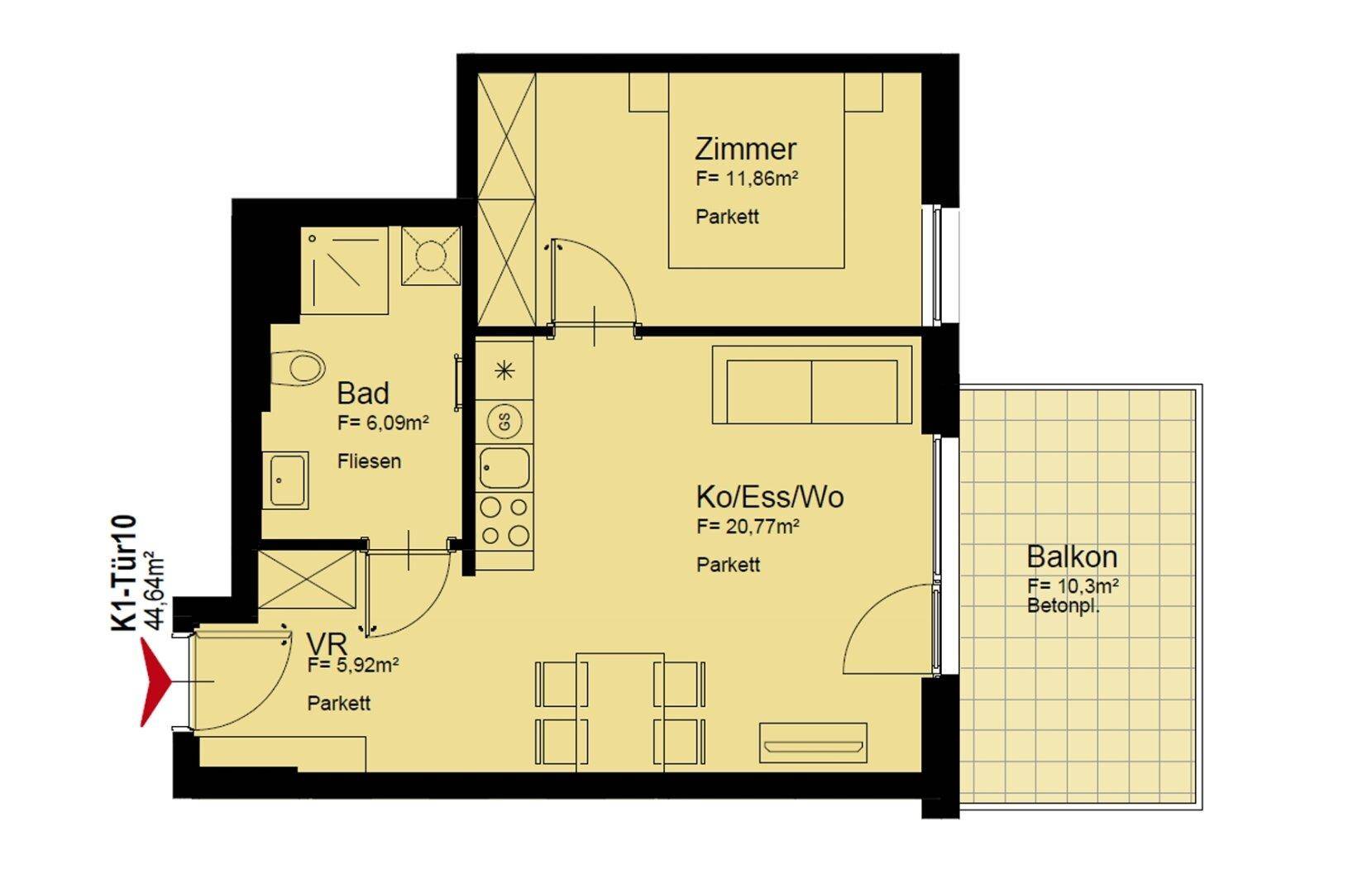 Grundriss einer modernen Wohnung mit offenem Wohnbereich, Schlafzimmer und Balkon.