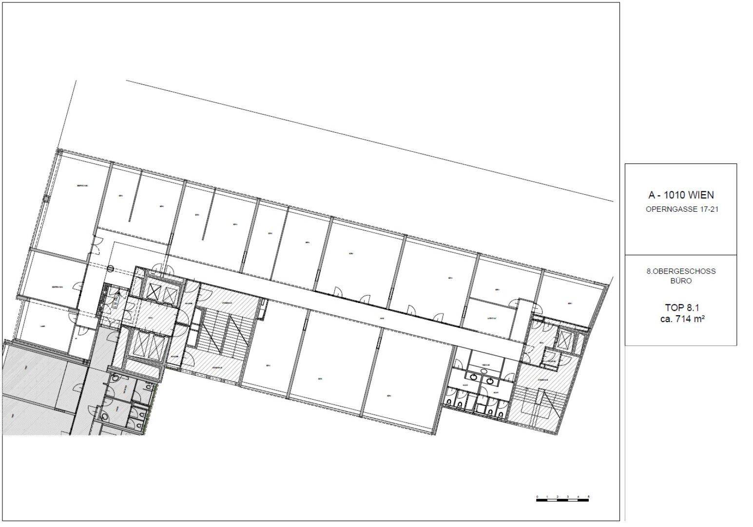 Grundriss des 8. Obergeschosses mit mehreren Büroräumen und Sanitärbereichen.