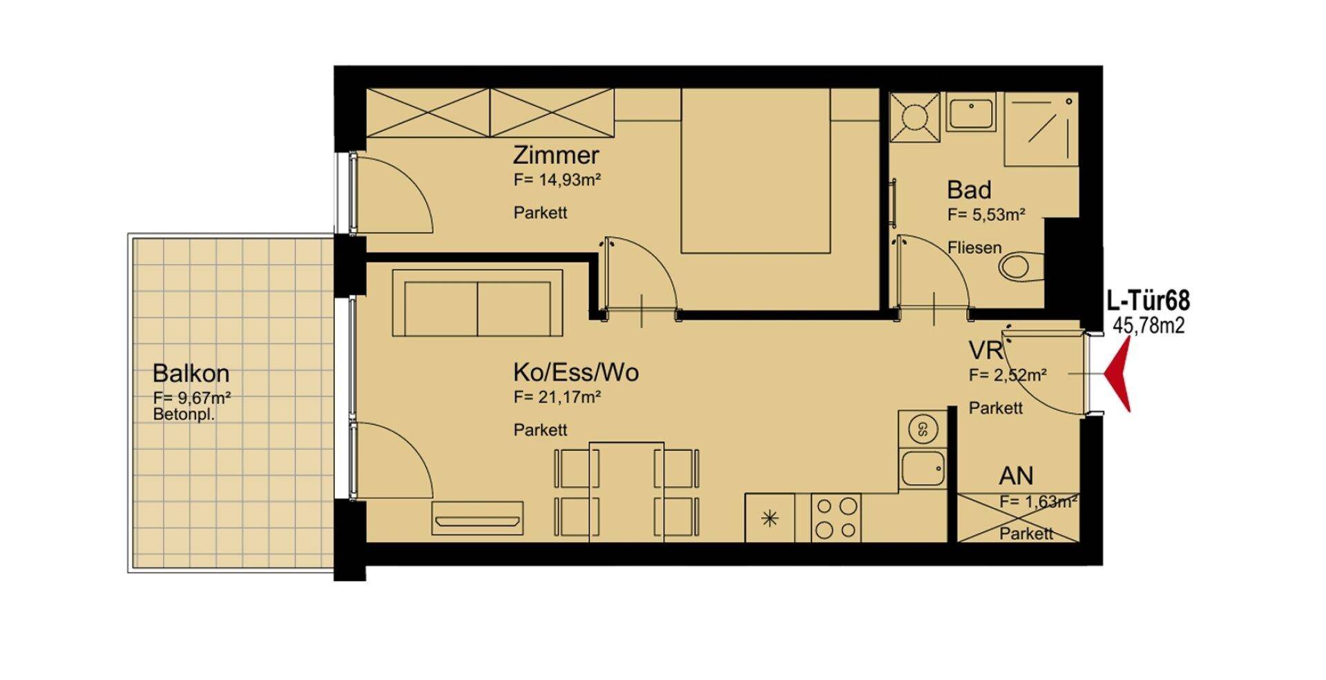 Grundriss einer Wohnung mit einem Schlafzimmer, offenem Wohnbereich, Bad und Balkon.