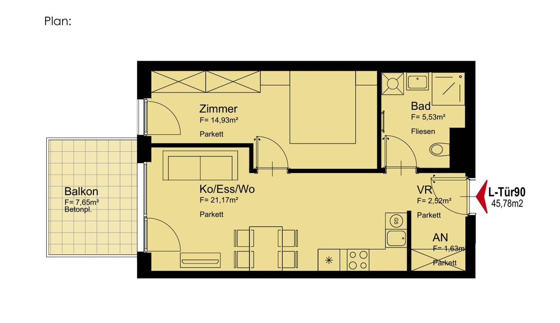 Grundriss einer modernen Wohnung mit offenem Wohnbereich, Schlafzimmer und Balkonzugang.
