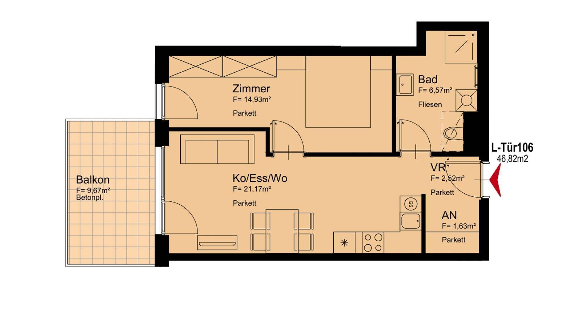 Grundriss einer Wohnung mit einem Schlafzimmer, offenem Wohnbereich und Balkon.