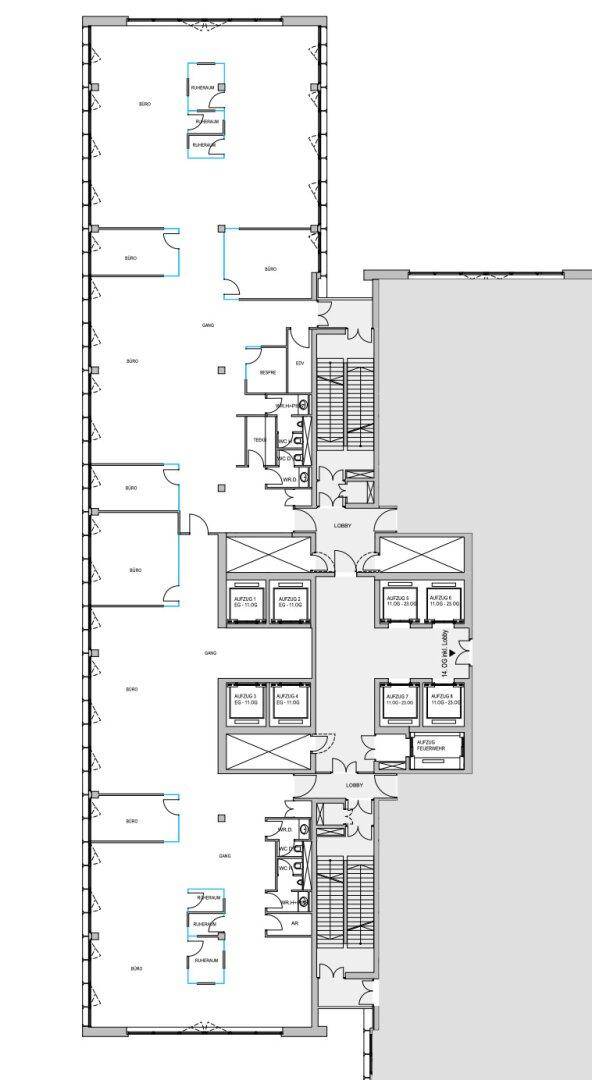 Grundriss eines Bürogeschosses mit mehreren Büroräumen und Sanitäranlagen.