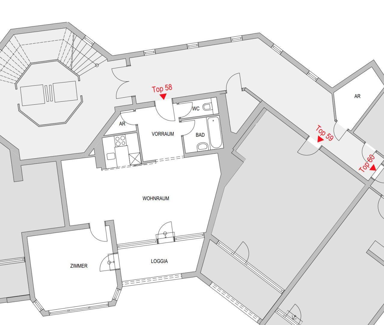 Grundriss einer Wohnung mit Wohnraum, Zimmer, Loggia, Bad und separatem WC.