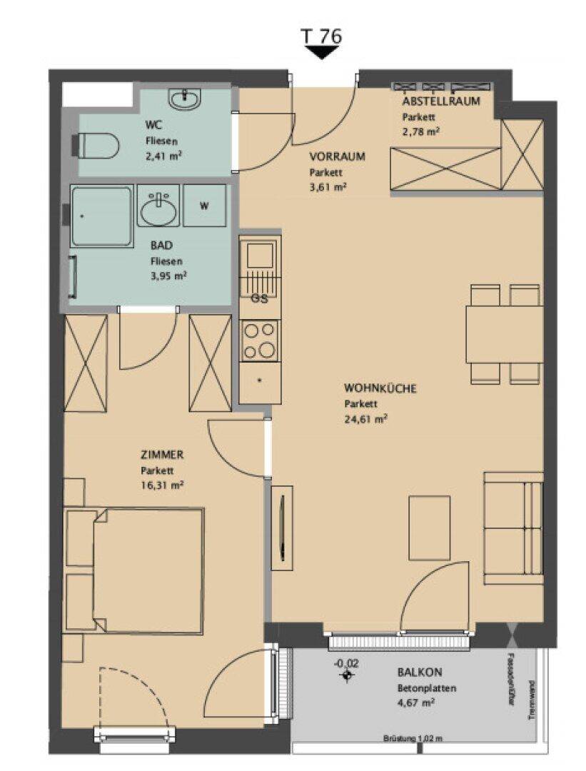 Grundriss der Wohnung T 76 mit Wohnküche, Schlafzimmer und Balkon.