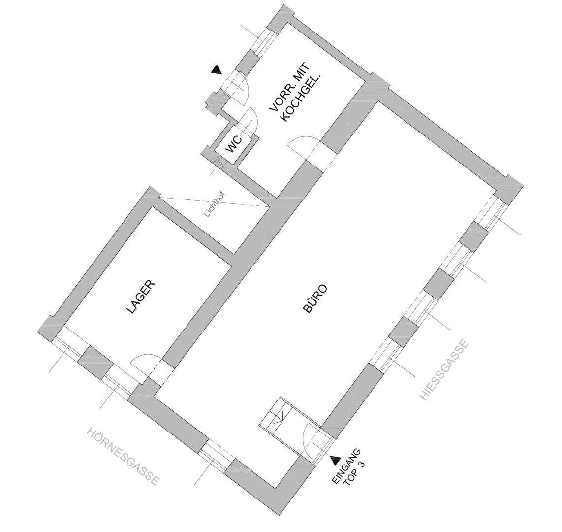 Grundrissplan zeigt Büro-, Lager- und Küchenbereiche sowie eine Toilette.