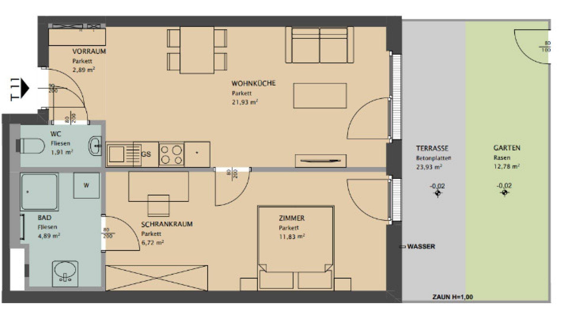 Grundriss einer Wohnung mit offener Wohnküche, Schlafzimmer, Bad, WC, Terrasse und Garten.