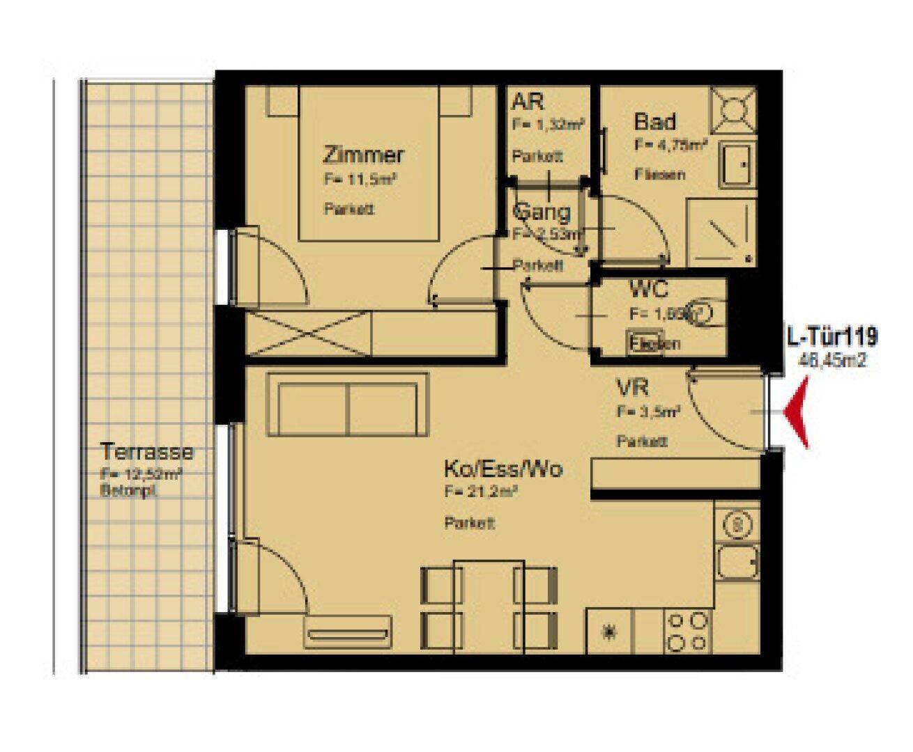 Grundriss einer Wohnung mit Schlafzimmer, offenem Wohnbereich, Bad, WC und einer Terrasse.