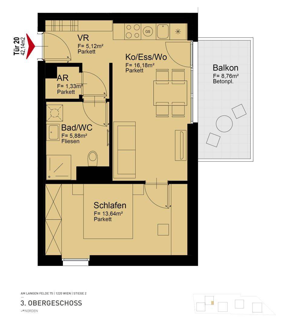 Grundriss der Wohnung mit Aufteilung in Wohn-, Schlaf- und Nassbereiche sowie Balkon.