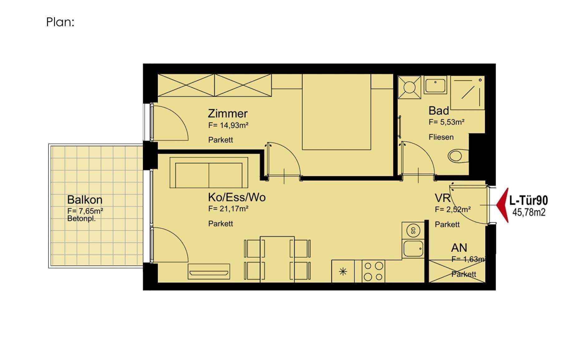 Grundriss einer Wohnung mit einem Zimmer, Kochnische, Bad und Balkon.