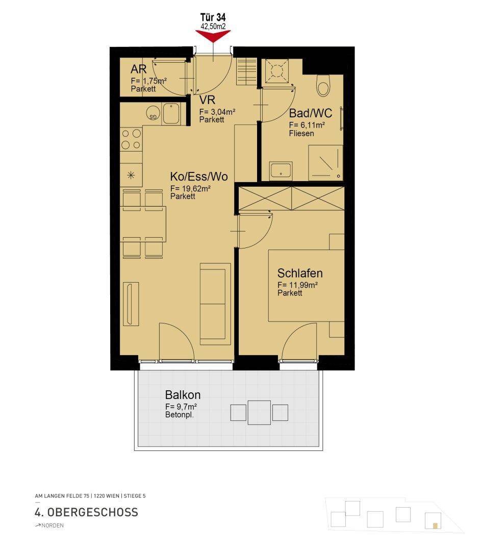 Grundriss der Wohnung Tür 34 mit 42,50m² Wohnfläche und Balkon.