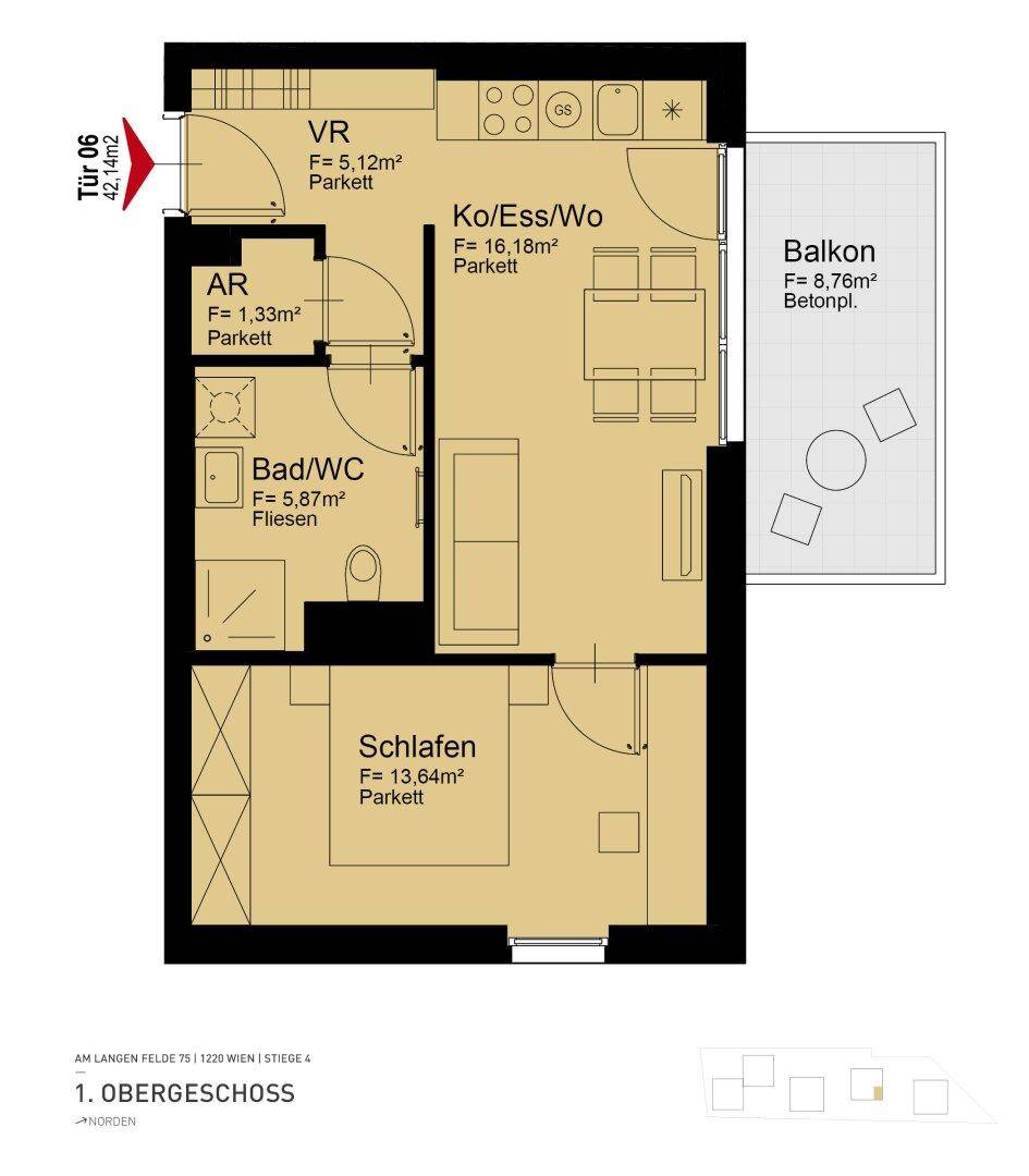 Detaillierter Grundriss einer Wohnung mit offenem Wohnbereich, Schlafzimmer und Balkon.