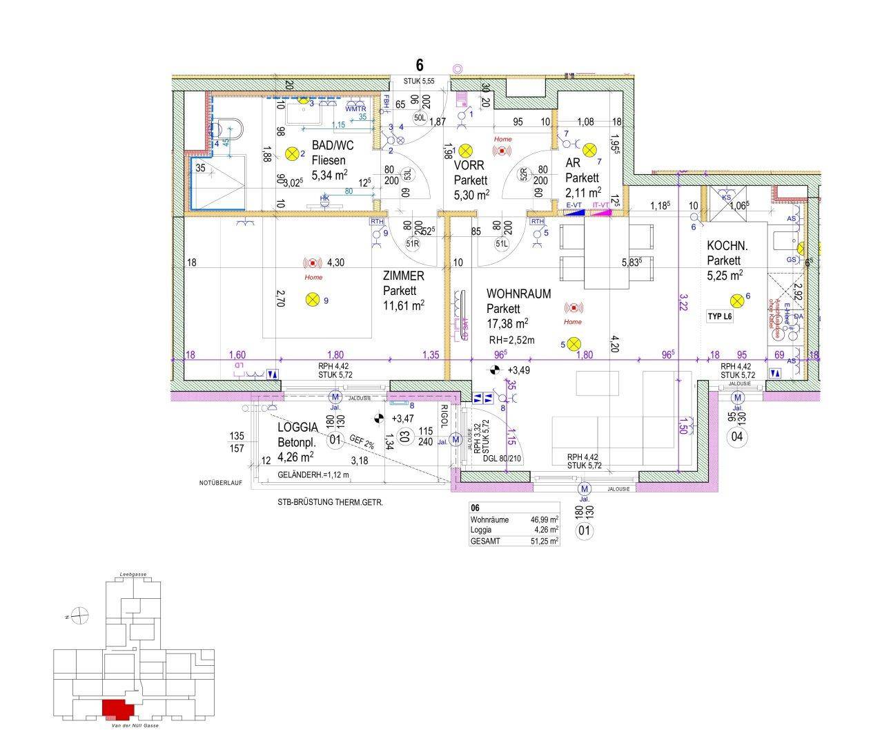 Detaillierter Grundriss einer Wohnung mit mehreren Zimmern, Bad, Küche und Loggia.