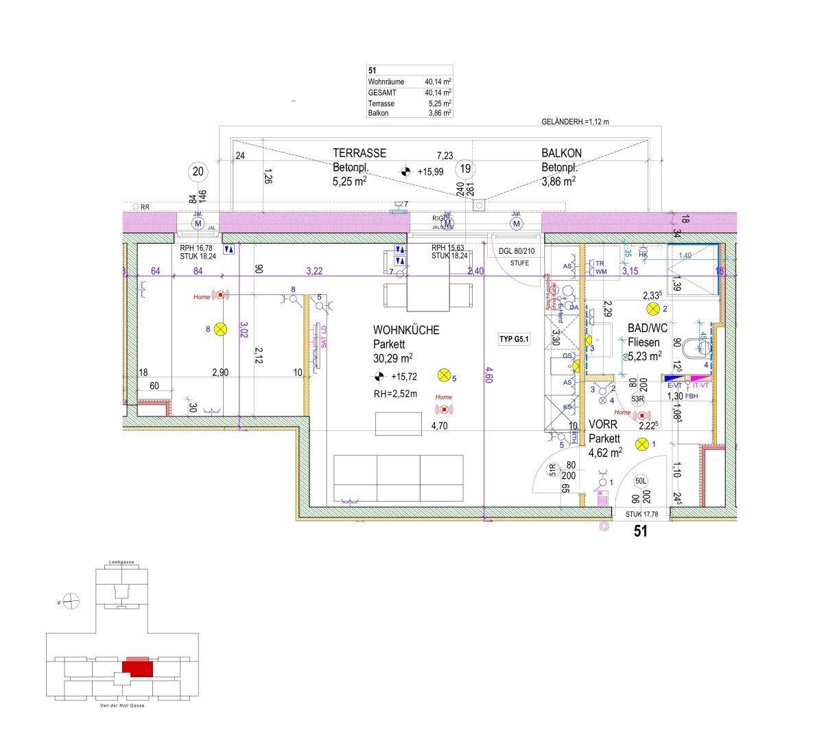 Detaillierter Grundriss einer modernen Wohnung mit offener Wohnküche, Bad, Terrasse und Balkon.