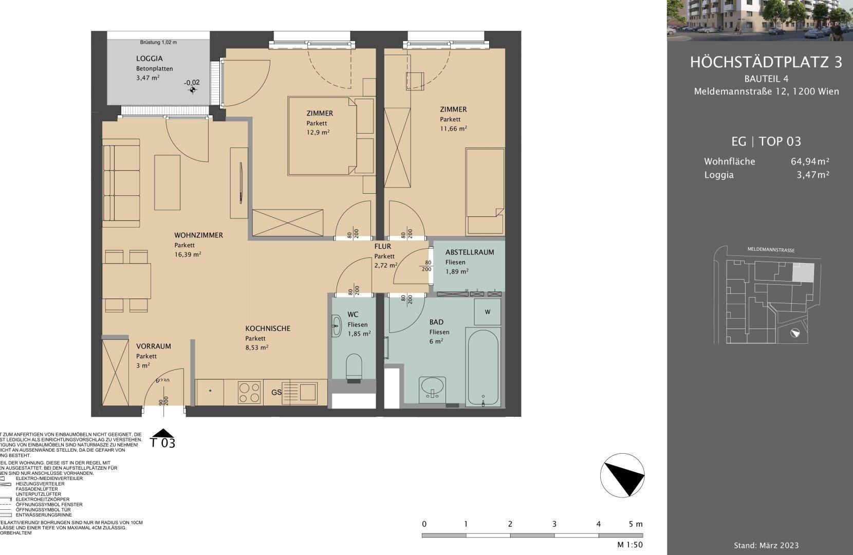 Grundriss einer Wohnung mit Wohnzimmer, zwei Zimmern, Kochnische und Loggia.