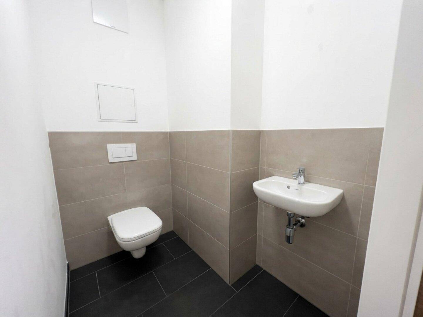 Separates Gäste-WC mit wandhängender Toilette, kleinem Waschbecken und modernen Fliesen.