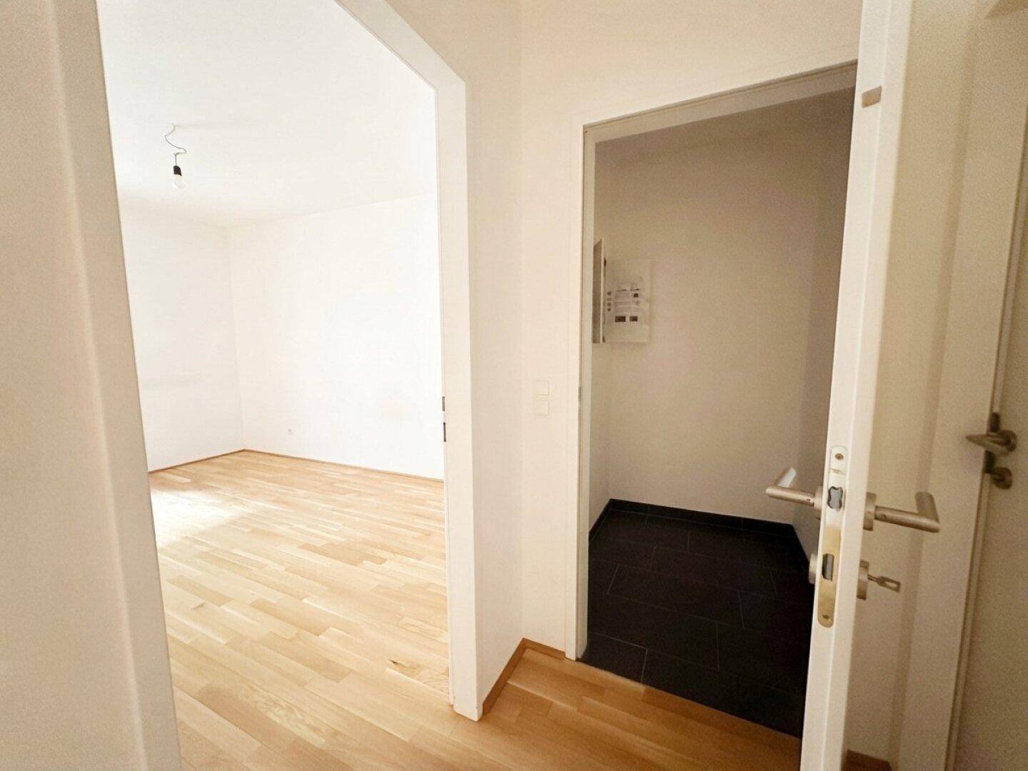 Flur mit Holzboden und Zugang zu einem Abstellraum mit dunklen Fliesen.