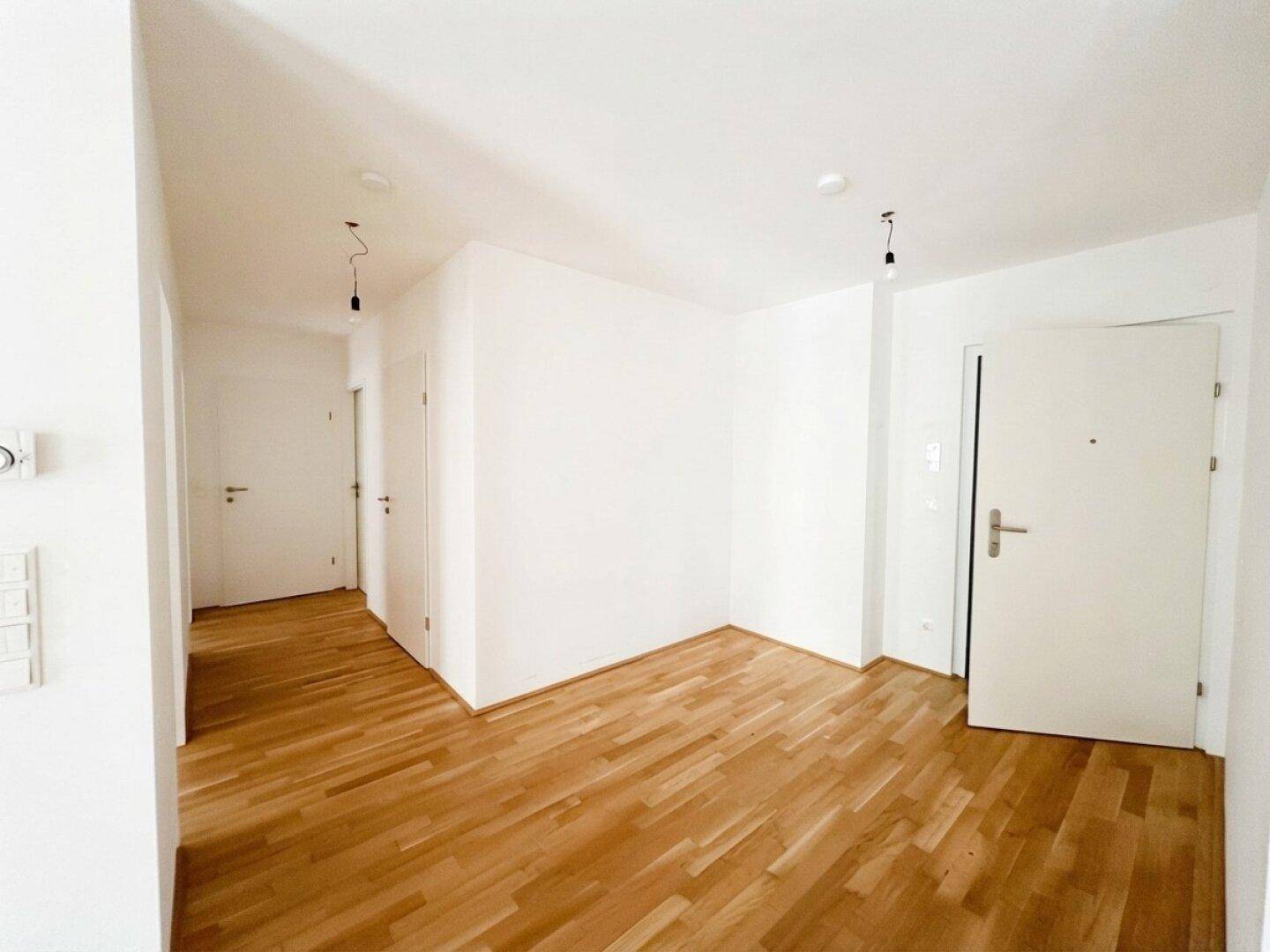 Eingangsbereich mit Holzboden und weiß gestrichenen Wänden, der zur Wohnungstür führt.