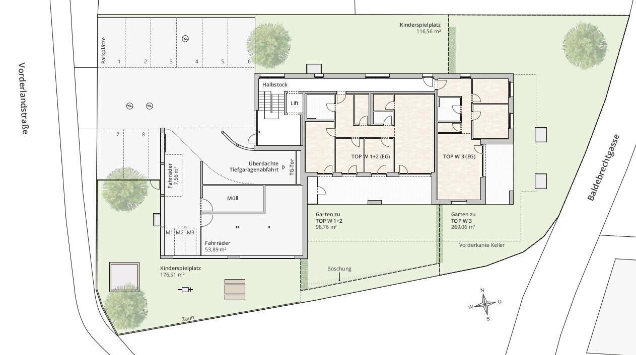 Grundriss des Erdgeschosses mit Wohnungen, Parkplätzen, Fahrradraum und Kinderspielplatz.