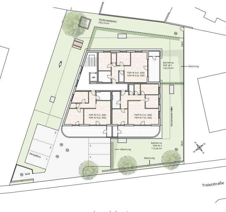 Lageplan des Obergeschosses mit Wohnungen, Gärten, Parkplätzen und Kinderspielplatz.