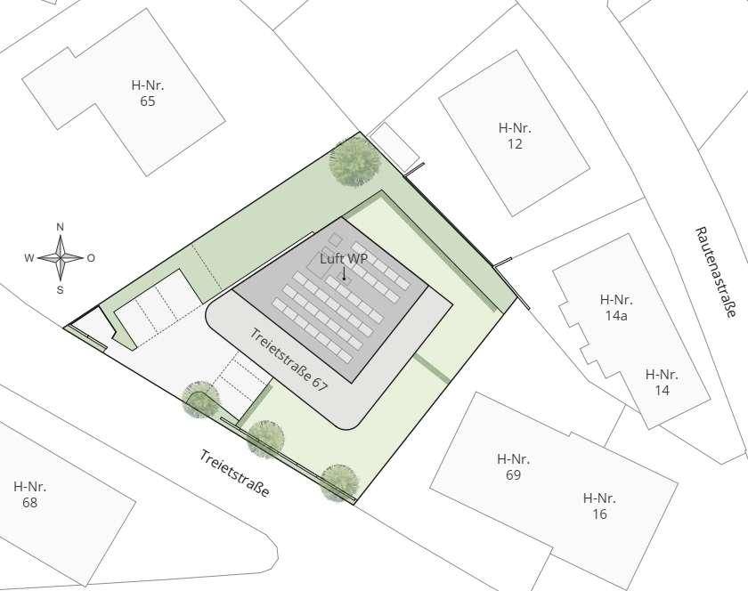 Lageplan des Grundstücks mit Gebäudegrundriss, umliegenden Straßen und Parkplätzen.