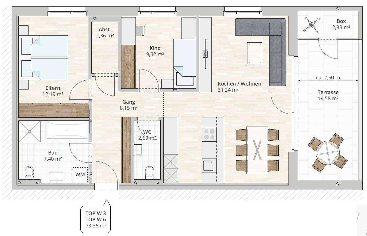 Detaillierter Grundriss einer Wohnung mit drei Zimmern, Bad, WC und großer Terrasse.