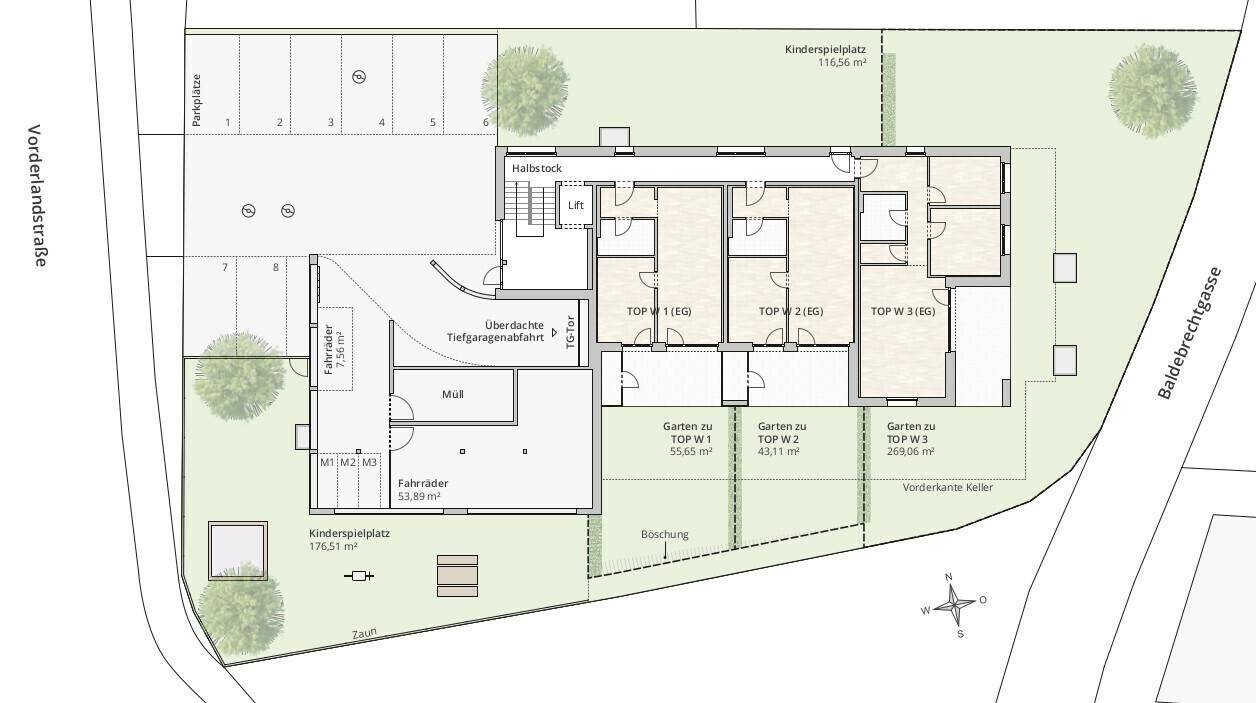 Grundriss des Erdgeschosses mit Wohnungen, Parkplätzen, Fahrradraum und Kinderspielplatz.