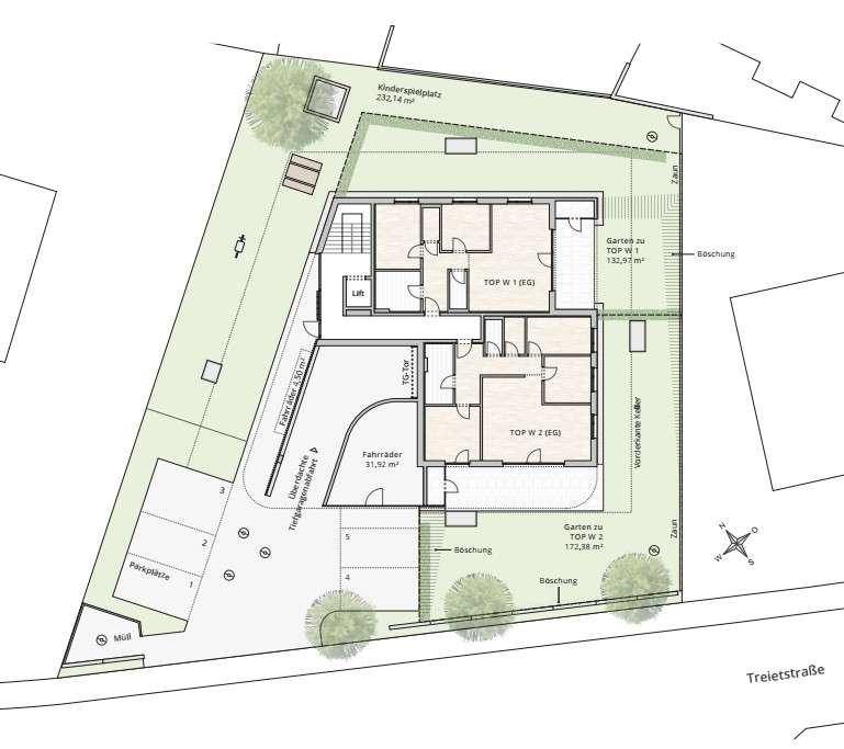 Grundriss des Erdgeschosses mit zwei Wohnungen, privaten Gärten, Parkplätzen und Kinderspielplatz.