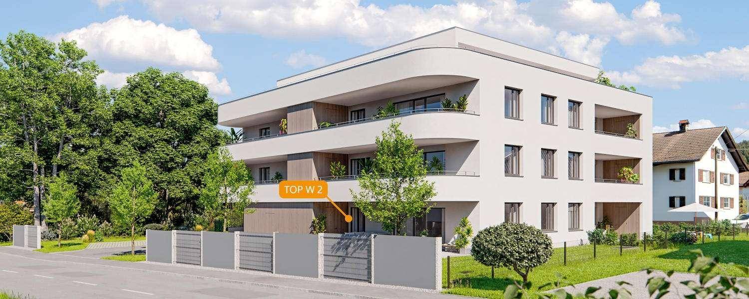 Ansicht eines modernen Mehrfamilienhauses mit eleganten Balkonen und gepflegter Außenanlage.