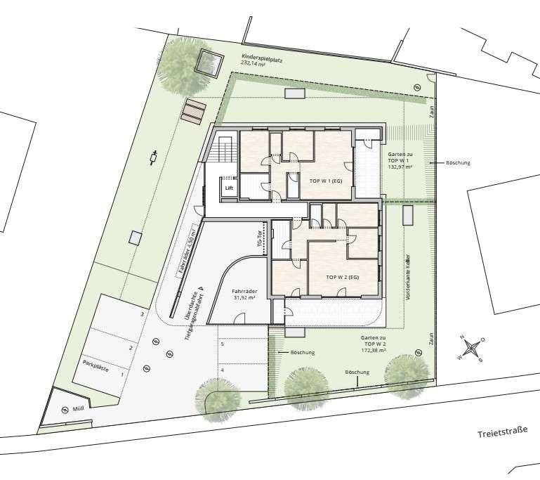 Grundriss des Erdgeschosses mit zwei Wohnungen, Parkplätzen und Kinderspielplatz.